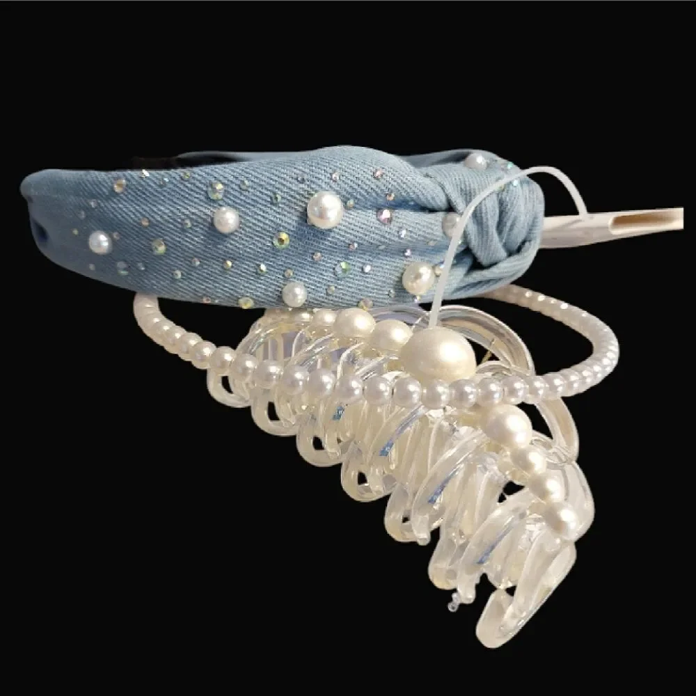 Embellished Pearl Denim Headbands Clip Hair Accessories Lot OF 3 NWT